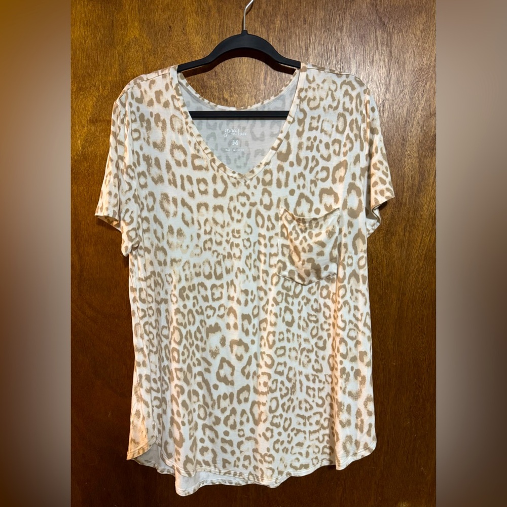 Grace and Lace Perfect Pocket Tee in Ivory Leopard